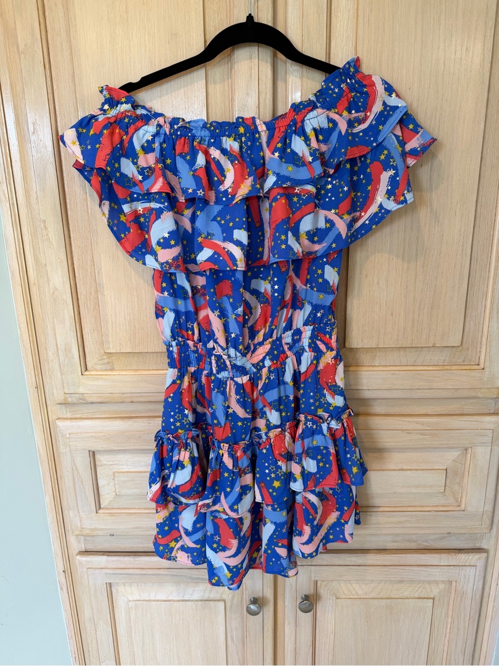 Buddy Love Red and Blue Star Print Accent Off-Shoulder Dress